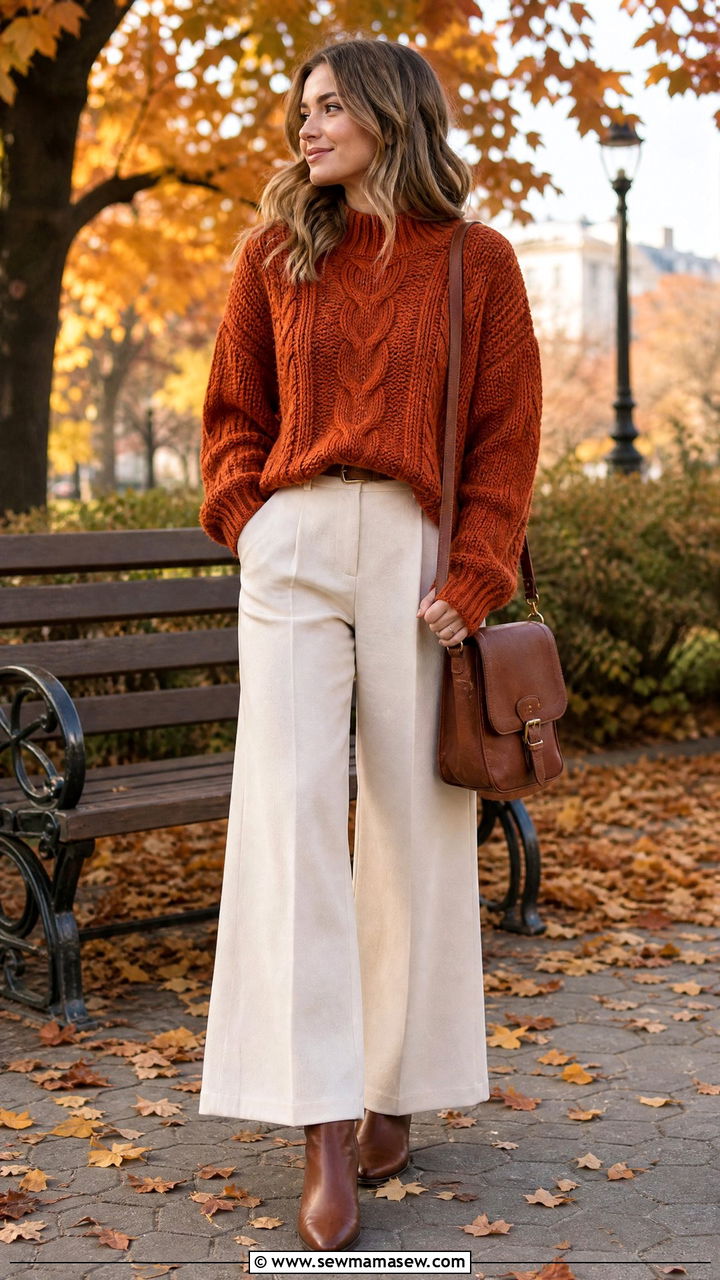 Wide Leg Pants With Chunky Knit Sweater Outfit - 30 classy wide leg pants outfits