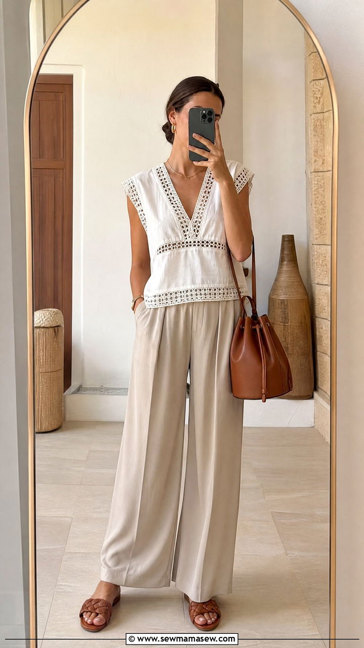 Wide Leg Pants With Crochet Trim Top - 35 Luxor outfit ideas