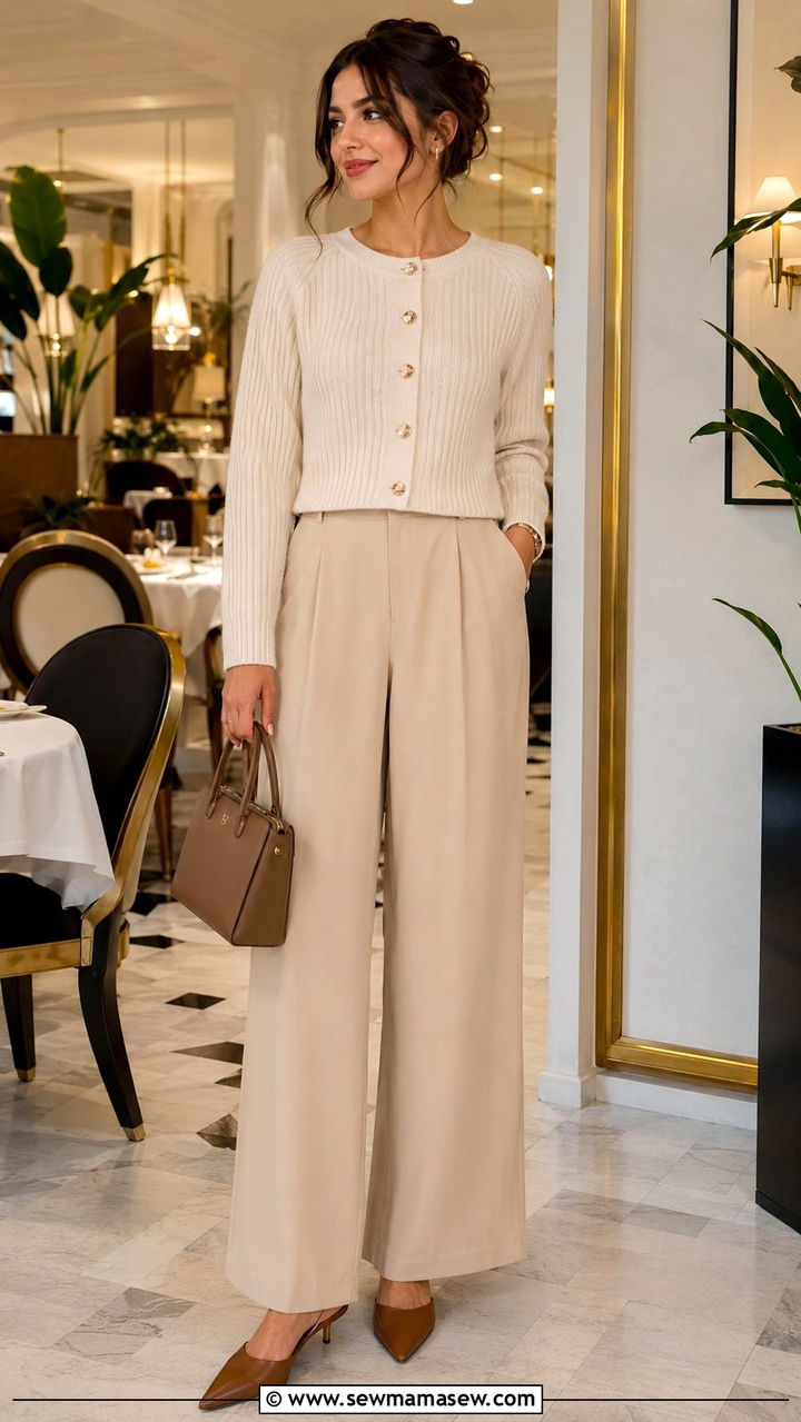 Wide Leg Pants With Cropped Cardigan And Pointed Mules - 30 Modest travel outfit ideas