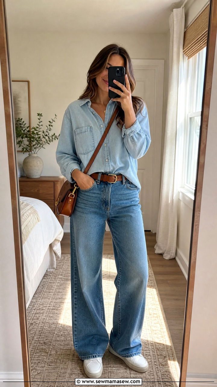 Wide Leg Pants With Denim Button Down Outfit - 25 Wide leg pants outfit ideas with a button down