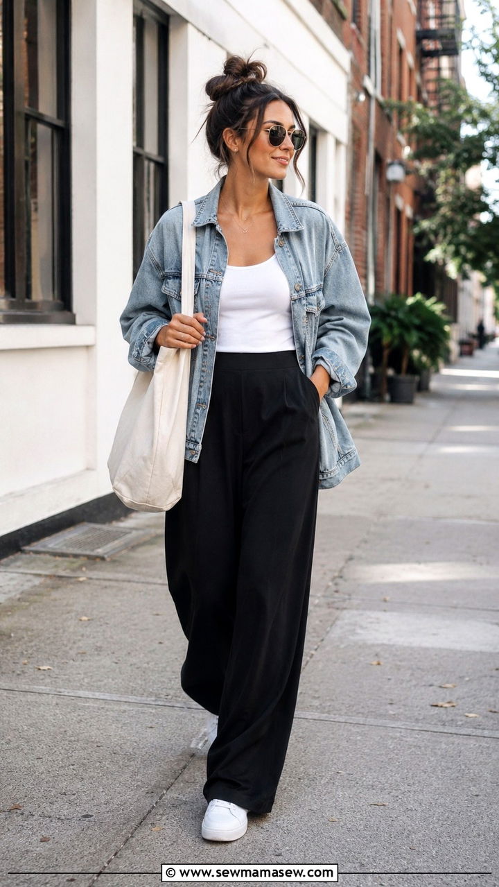 Wide Leg Pants With Denim Jacket And White Sneakers - 30 how to style wide leg pants