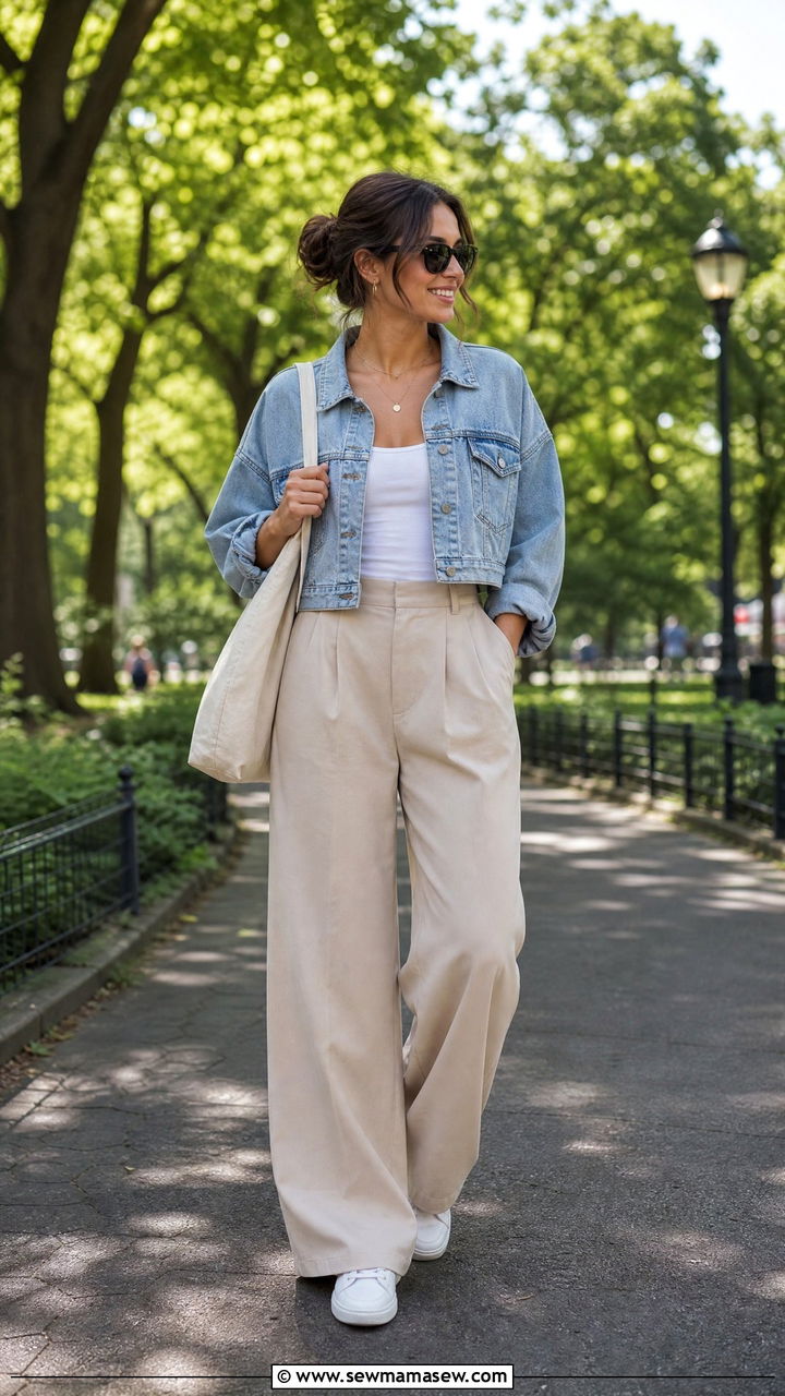 Wide Leg Pants With Denim Jacket Outfit - 30 classy wide leg pants outfits