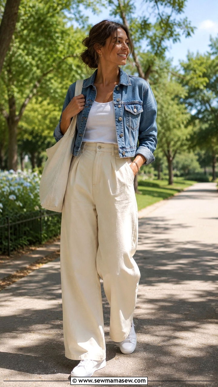 Wide Leg Pants With Denim Jacket - 30 chic wide leg pants outfit ideas