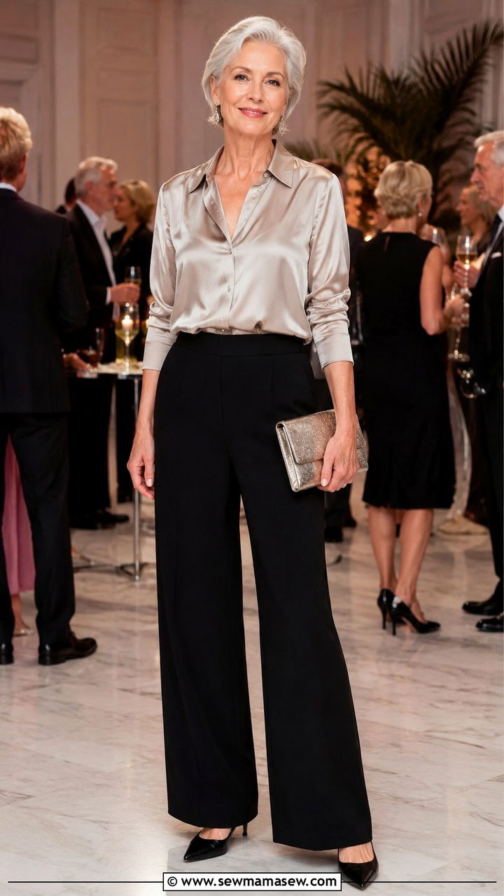 Wide Leg Pants With Fitted Silk Blouse - 30 Party outfits for women over 60