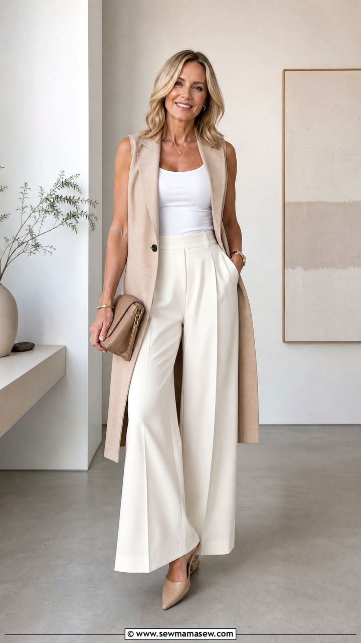 Wide Leg Pants With Fitted Tank and Long Vest Outfit - 25 Fashion over 40 outfit ideas