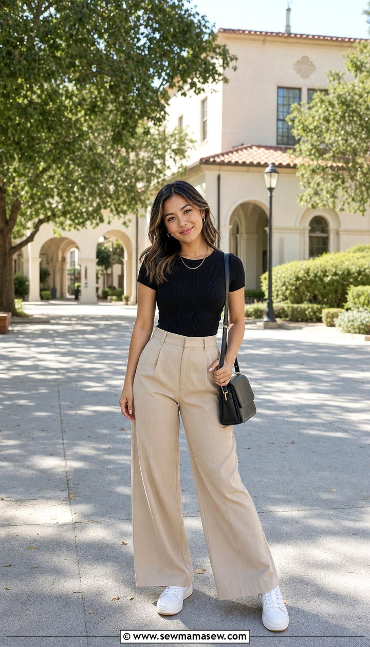 Wide Leg Pants With Fitted Tee and Sneakers - 25 College outfit ideas petite