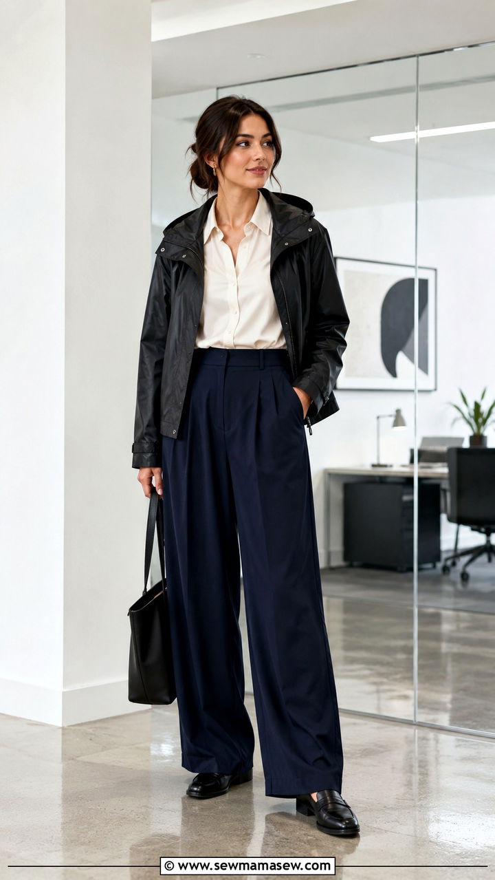 Wide Leg Pants With Fitted Top And Cropped Jacket - 30 Rainy day work outfit ideas