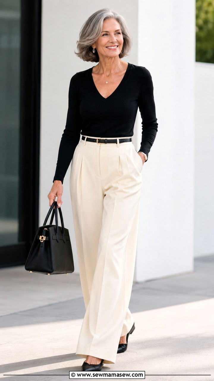 Wide Leg Pants With Fitted V Neck Top - 20 Outfit ideas for apple shape over 50