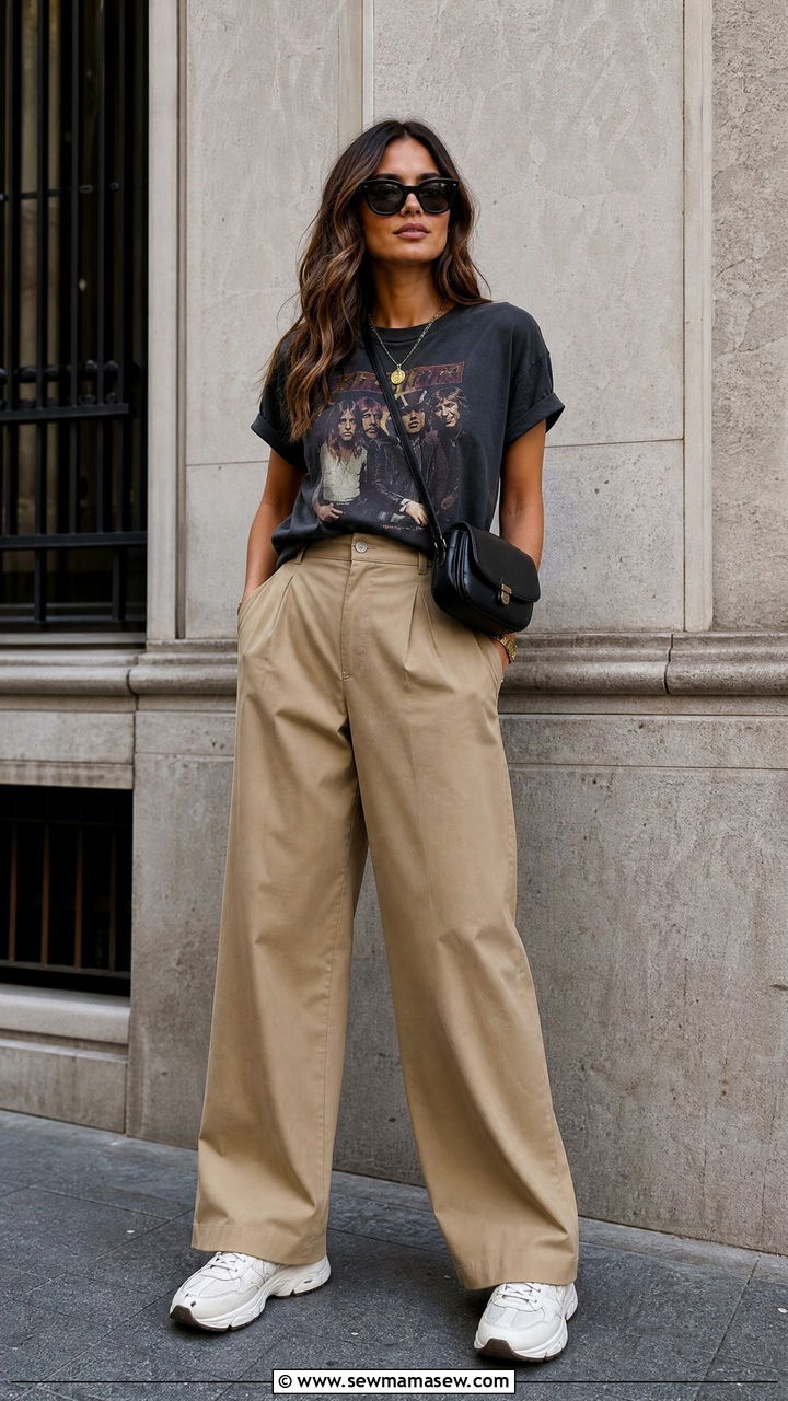 Wide Leg Pants With Graphic Tee And Chunky Sneakers - 30 classy wide leg pants outfits