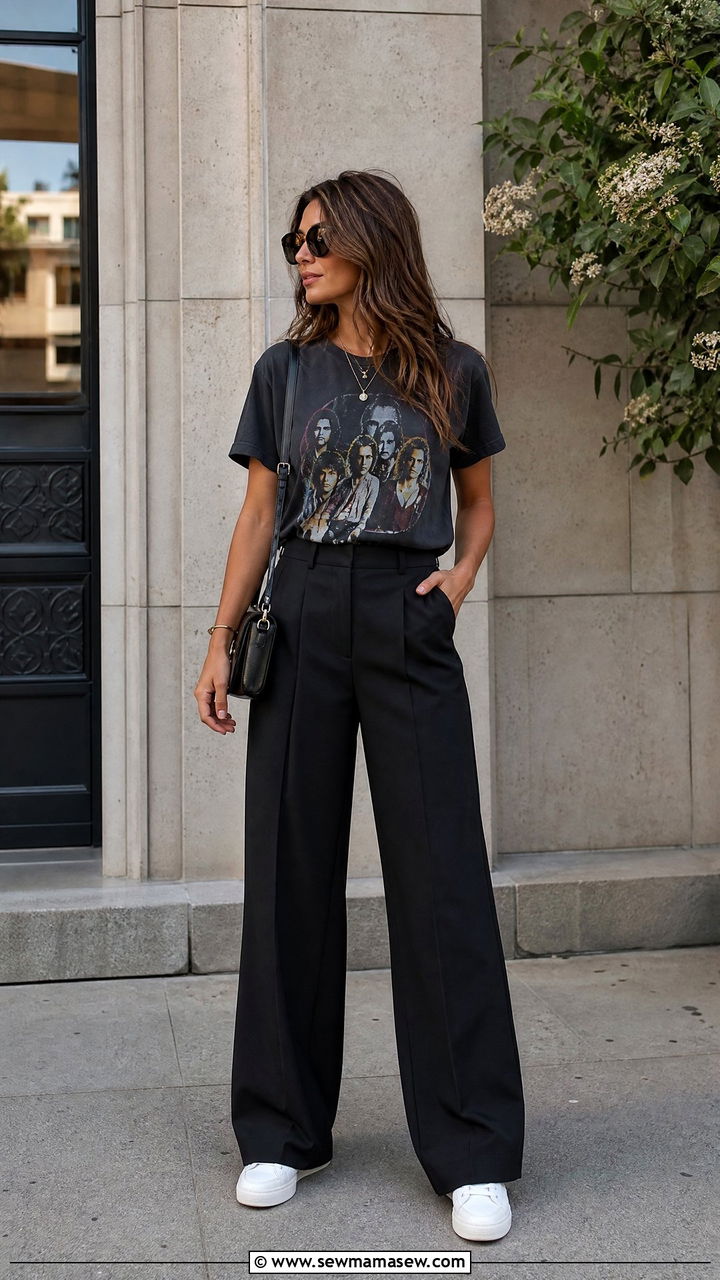Wide Leg Pants With Graphic Tee - 30 summer wide leg pants outfit ideas