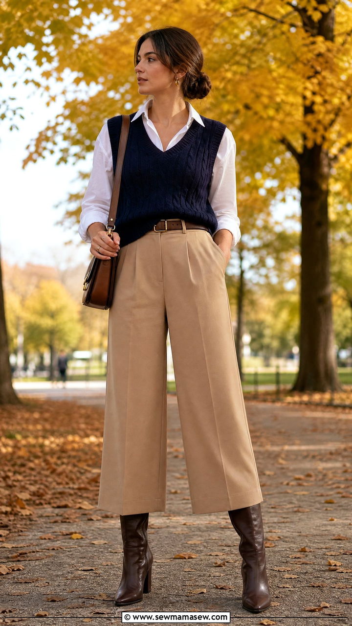 Wide Leg Pants With Knit Vest And Knee High Boots - 30 how to style wide leg pants