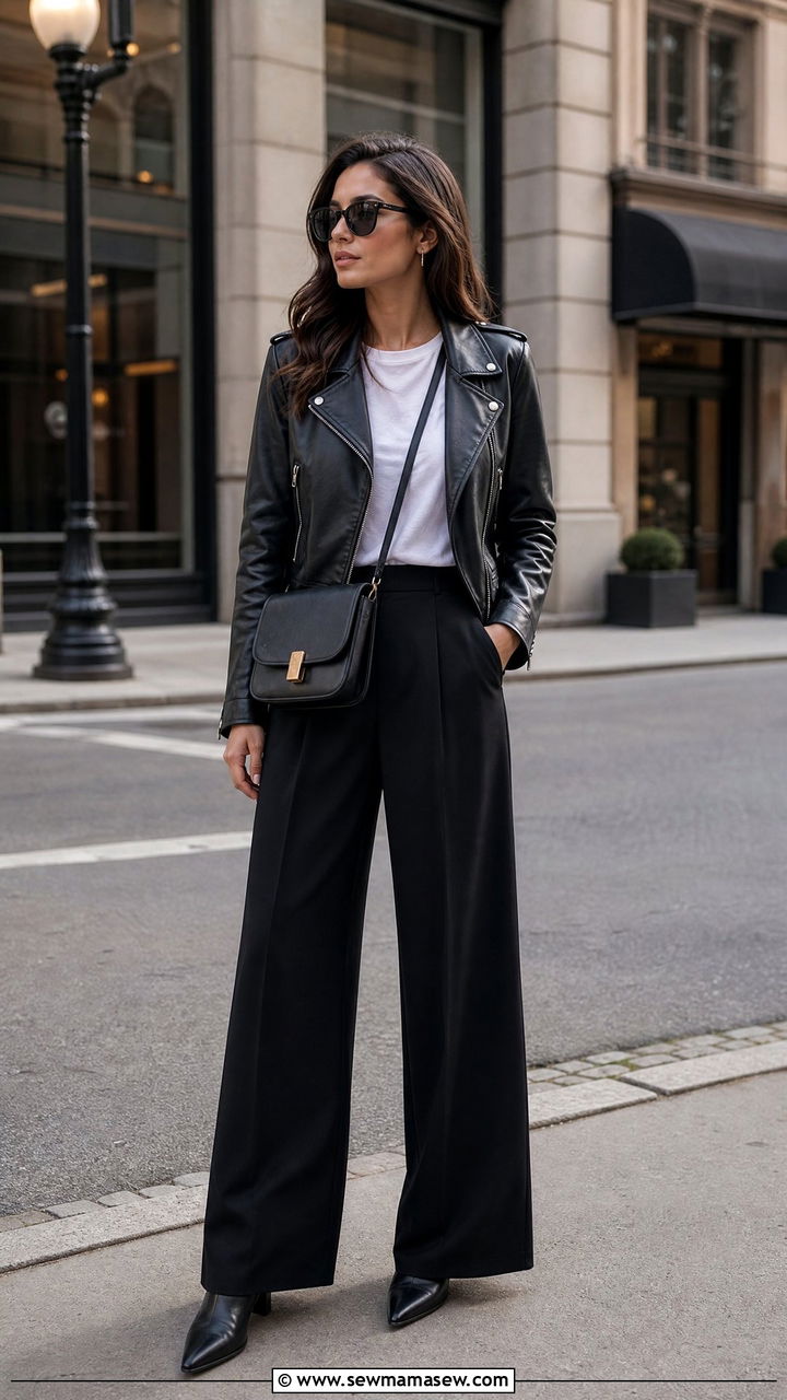 Wide Leg Pants With Leather Jacket Outfit - 30 classy wide leg pants outfits