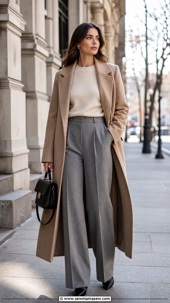 Wide Leg Pants With Long Coat And Pointed Toe Boots - 30 how to style wide leg pants