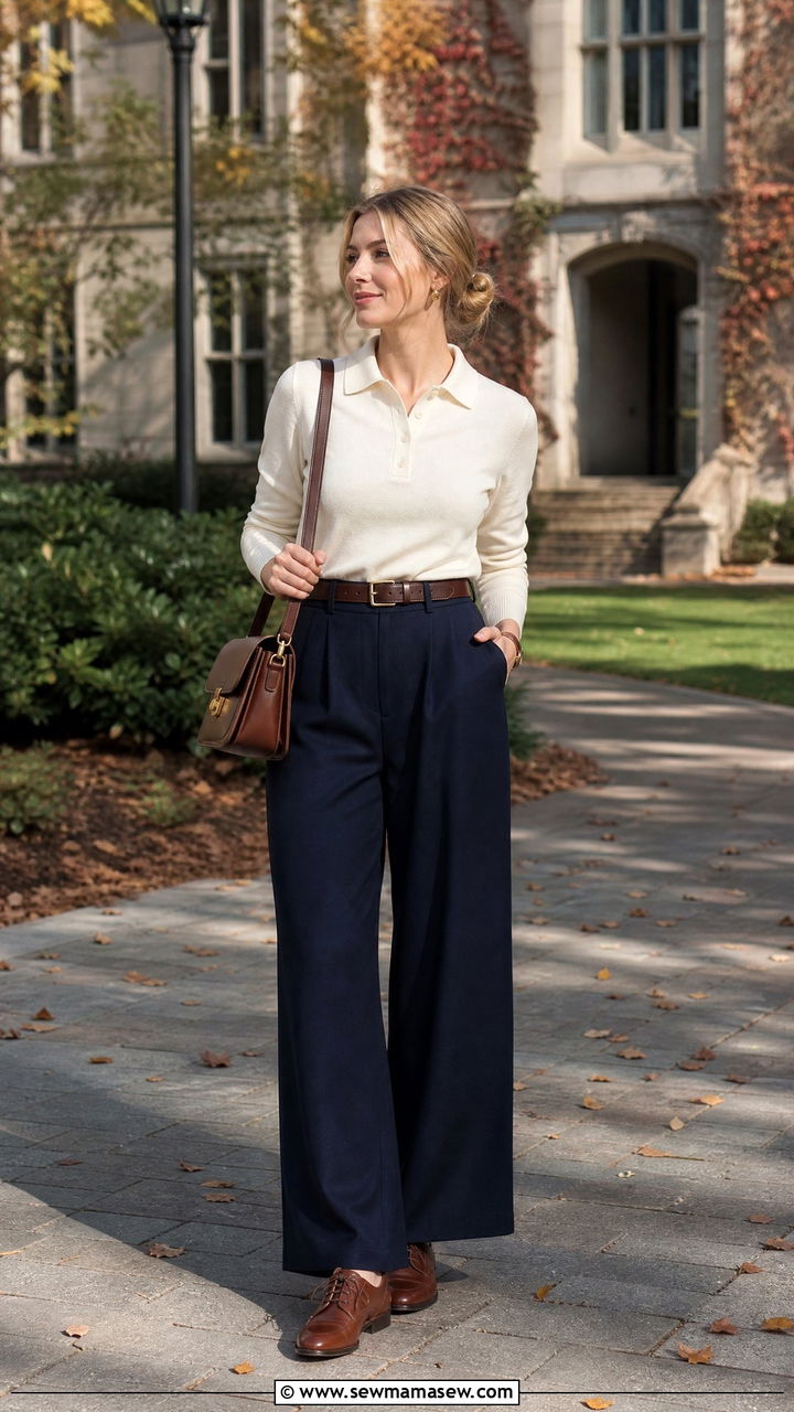 Wide Leg Pants With Polo Knit And Oxford Shoes - 30 classy wide leg pants outfits