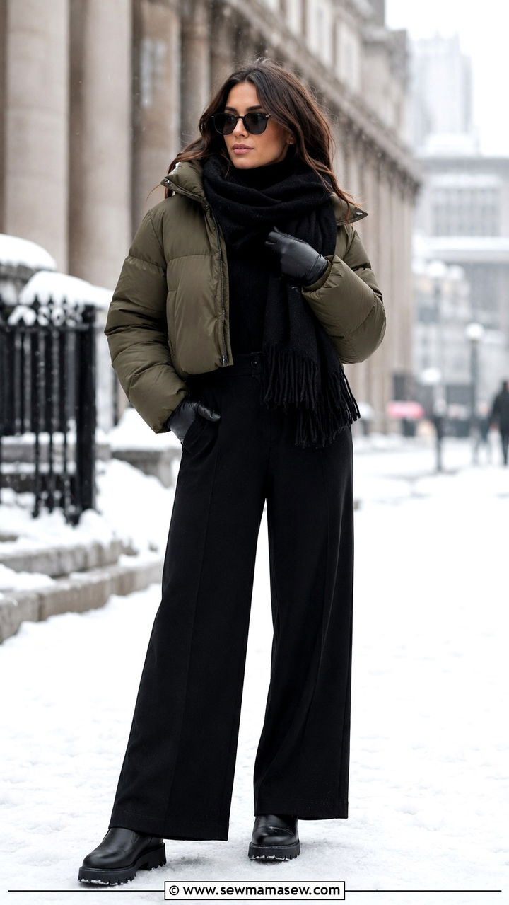 Wide Leg Pants With Puffer Jacket And Lug Sole Boots - 30 how to style wide leg pants