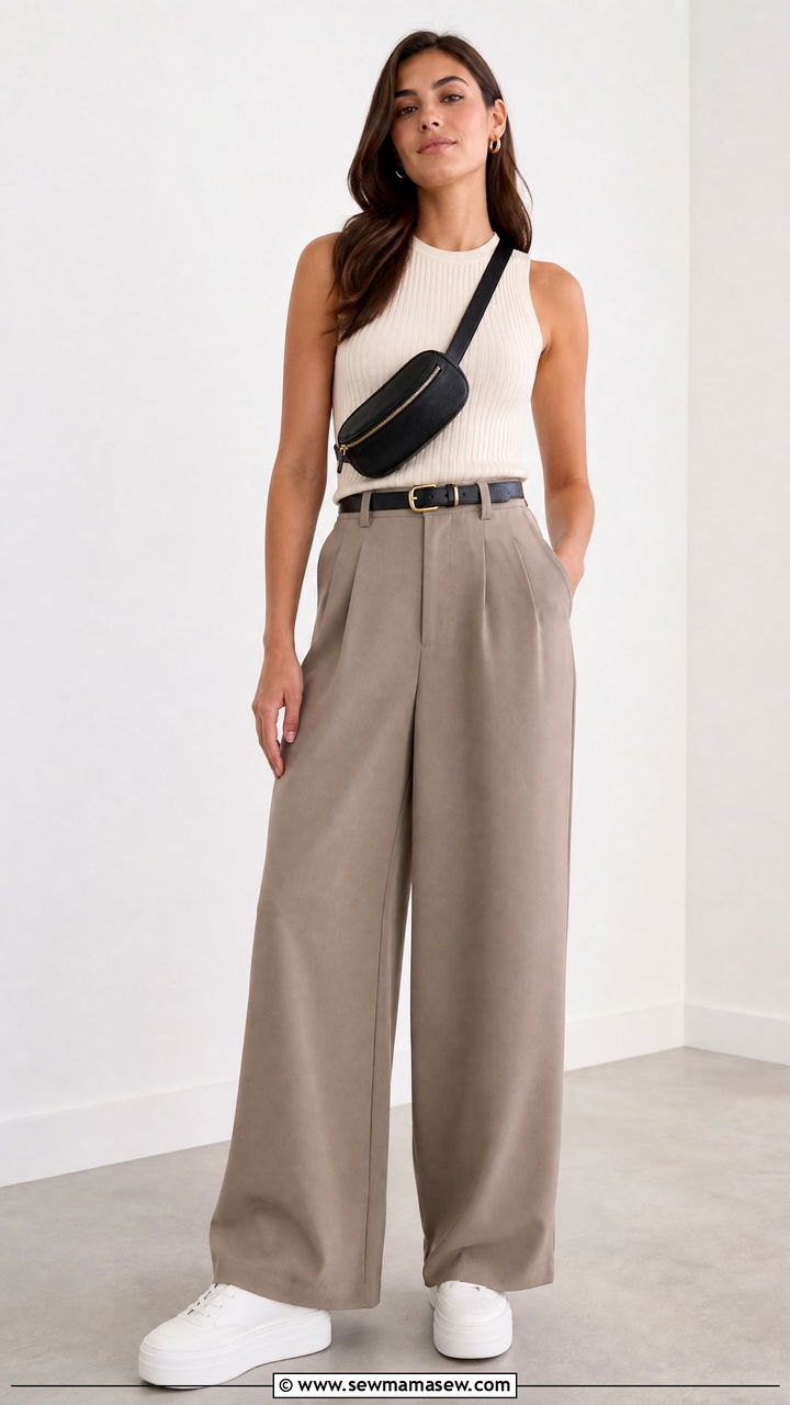 Wide Leg Pants With Ribbed Knit Top And Platform Sneakers - 30 how to style wide leg pants