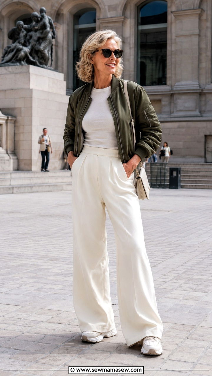 Wide Leg Pants With Sporty Jacket Over 50 - 30 Outfit ideas for women over 50 sporty chic