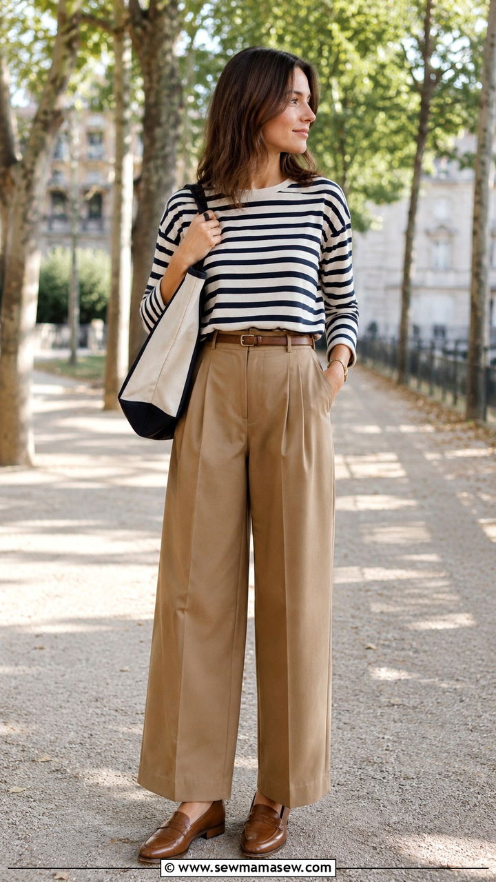 Wide Leg Pants With Striped Breton Shirt And Loafers - 30 how to style wide leg pants