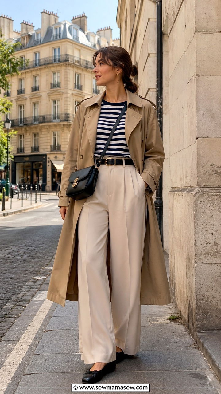 Wide Leg Pants With Trench Coat And Ballet Flats - 30 how to style wide leg pants