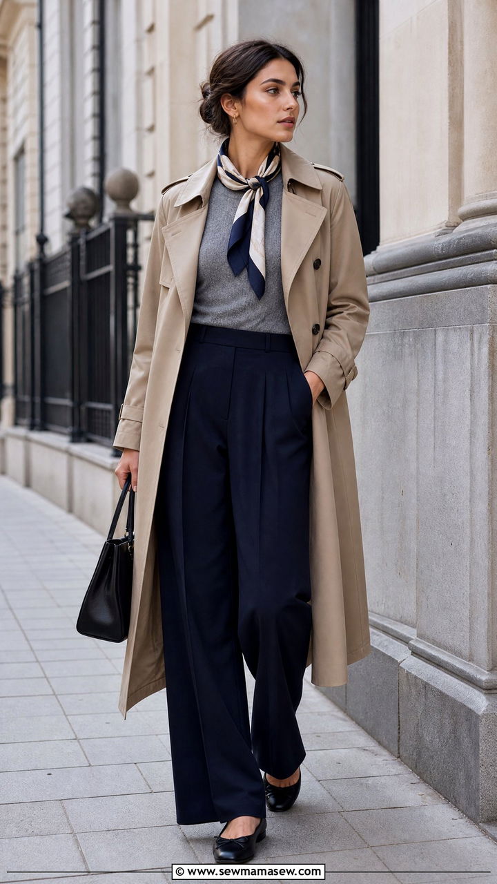 Wide Leg Pants With Trench Coat And Ballet Flats - 30 classy wide leg pants outfits