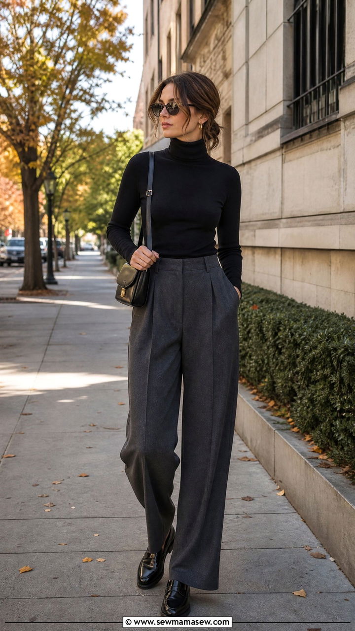 Wide Leg Pants With Turtleneck And Loafers - 30 classy wide leg pants outfits