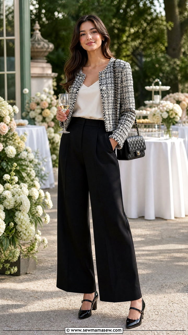 Wide Leg Pants With Tweed Jacket And Mary Janes - 30 classy wide leg pants outfits