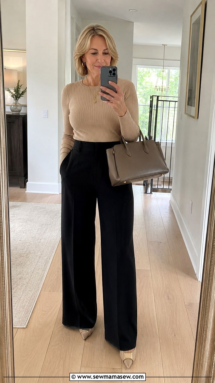 Wide Leg Pants and Fitted Knit Top Outfit - 30 Trendy outfit ideas for women over 50