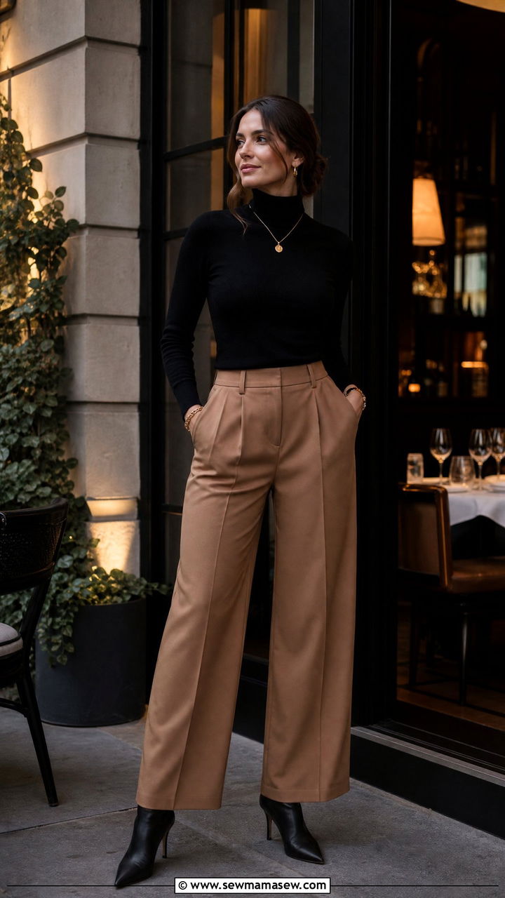 Wide Leg Pants and Fitted Turtleneck - 30 Cute outfits for moms