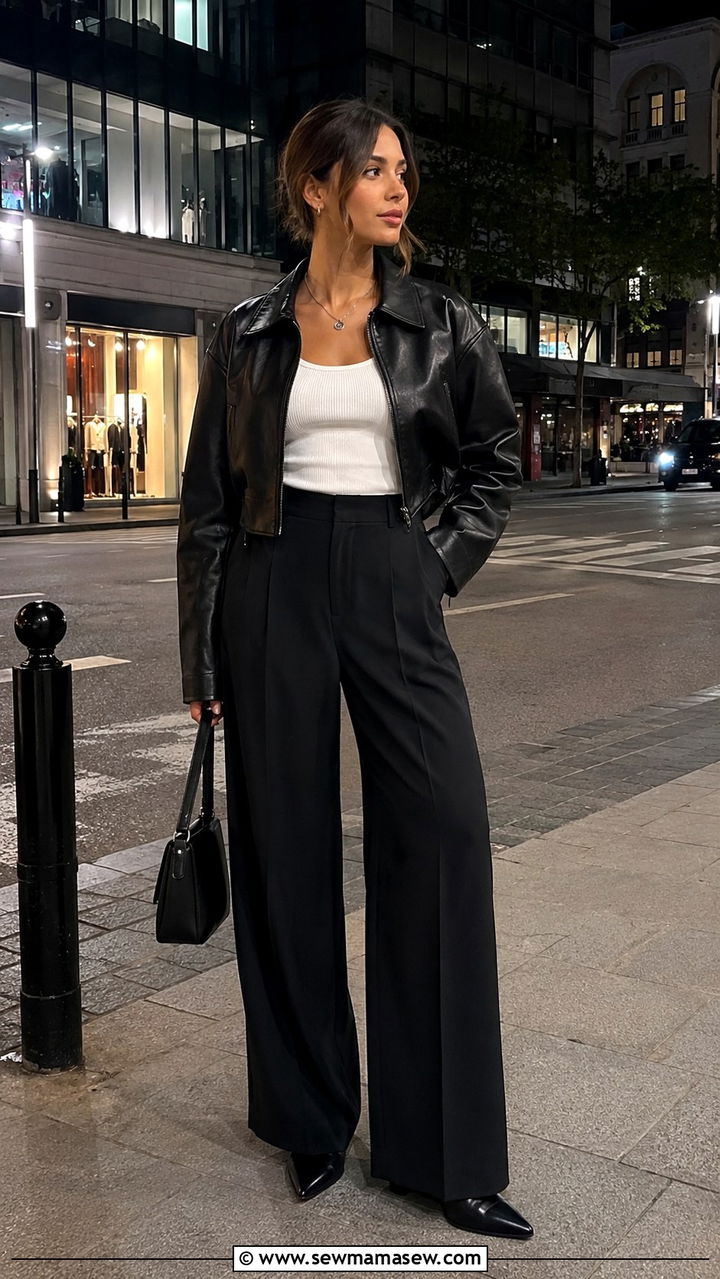 Wide Leg Pants and Leather Jacket Outfit - 30 chic wide leg pants outfit ideas