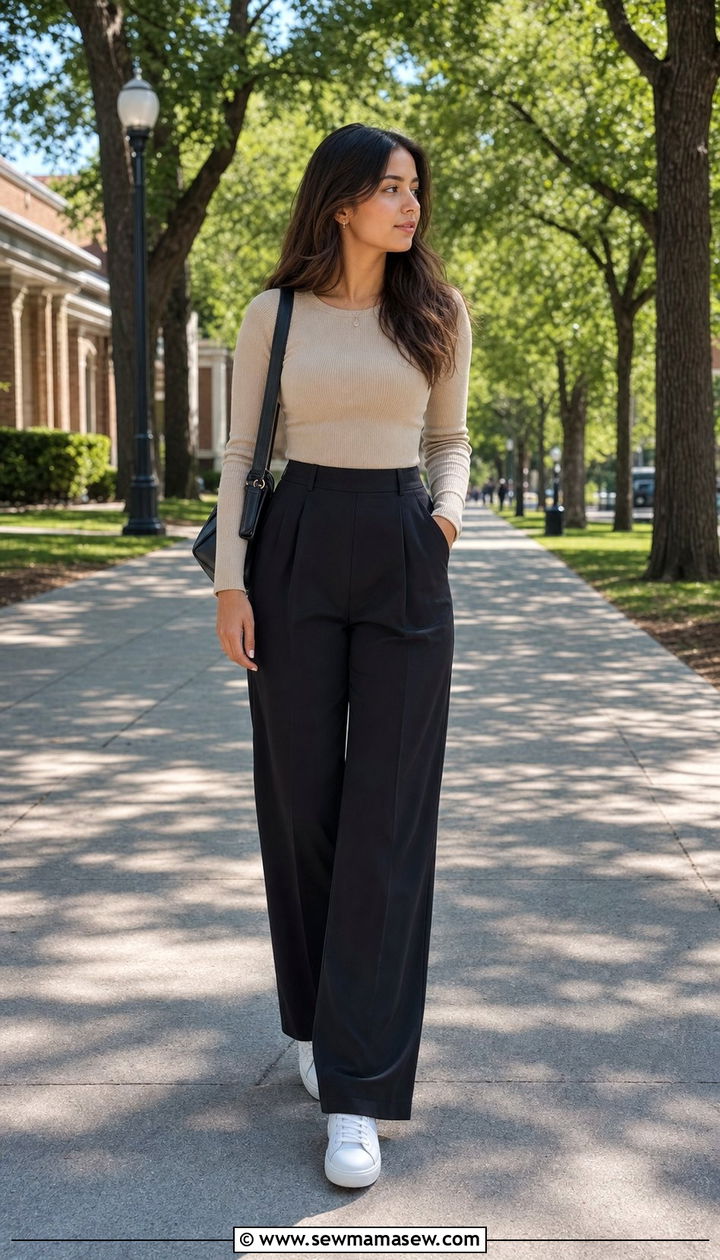 Wide Leg Pants and Ribbed Knit Top Outfit - 35 Back to school outfit ideas college freshman