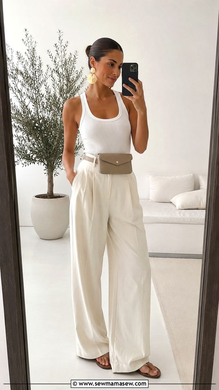 Wide Leg Pants and Ribbed Tank Top - 20 Spring outfits with statement earrings