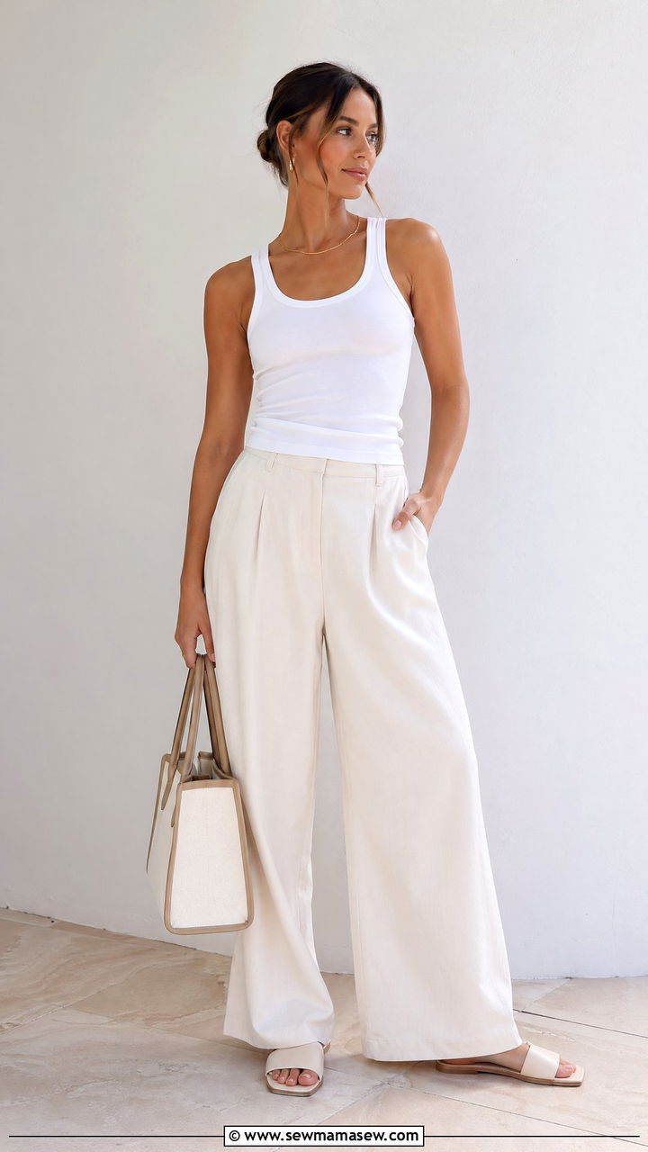 Wide Leg Pants and Simple Tank with Slide Sandals - 35 errands outfits for women
