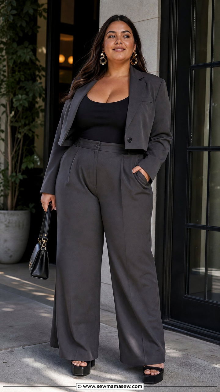 Wide Leg Pants with Cropped Blazer - 30 Plus size brunch outfits