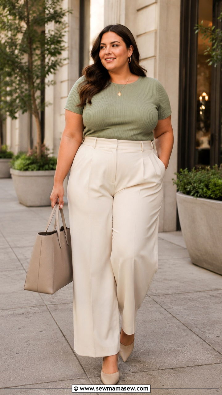 Wide Leg Pants with Fitted Knit Top - 30 spring plus size outfit ideas