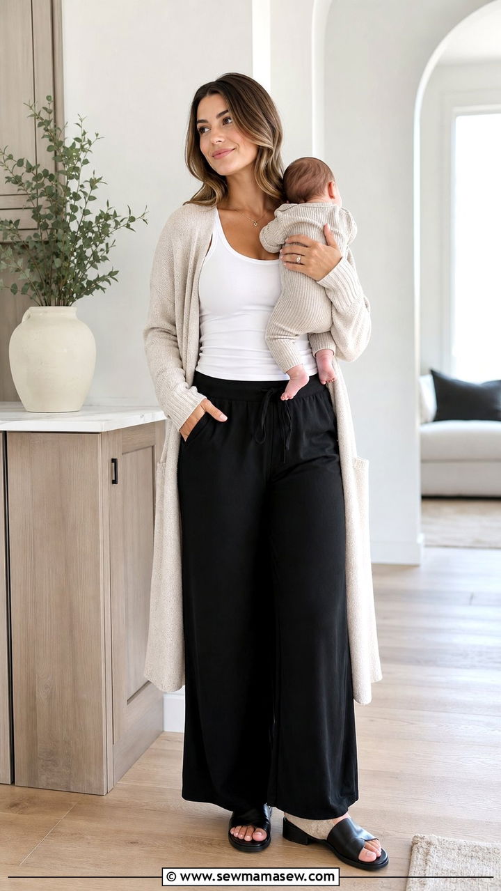 Wide Leg Pants with Fitted Tank and Cardigan - 25 classy outfits for new moms