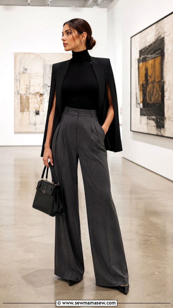 Wide Leg Pants with Sleeveless Turtleneck and Cape Blazer - 25 transitional vacation outfit ideas