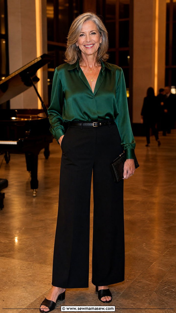 Wide Leg Pants with a Silk Blouse - 30 Concert outfits for women over 50
