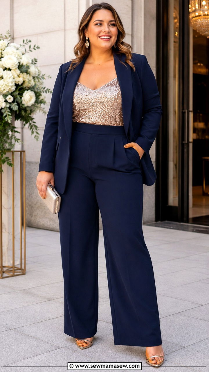 Wide Leg Pantsuit With Sequin Top - 25 Wedding guest outfit ideas for plus size mom