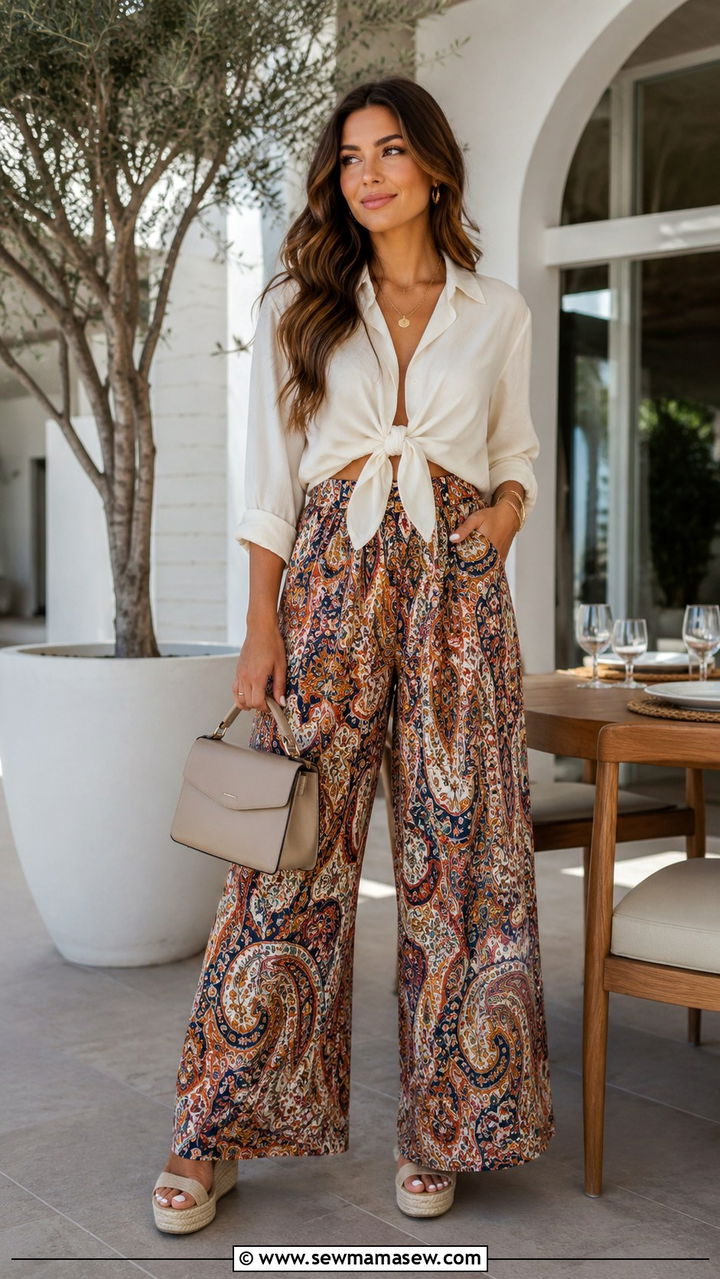 Wide Leg Patterned Pants With Tie Front Blouse - 25 boho chic outfits aesthetic