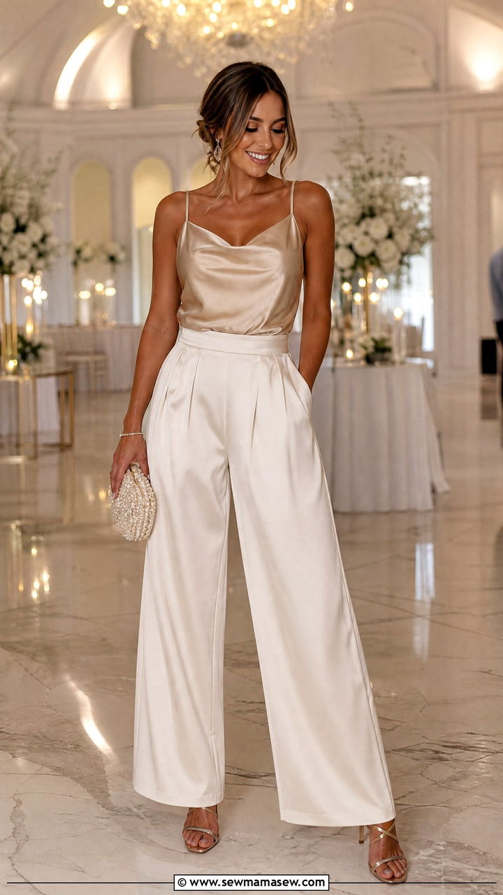 Wide Leg Satin Pants With Camisole And Heels - 30 classy wide leg pants outfits