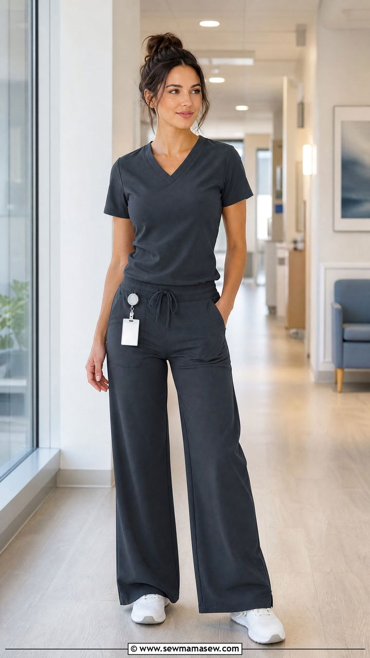 Wide Leg Scrub Pants With Fitted V Neck Top - 30 ER nurse outfit ideas