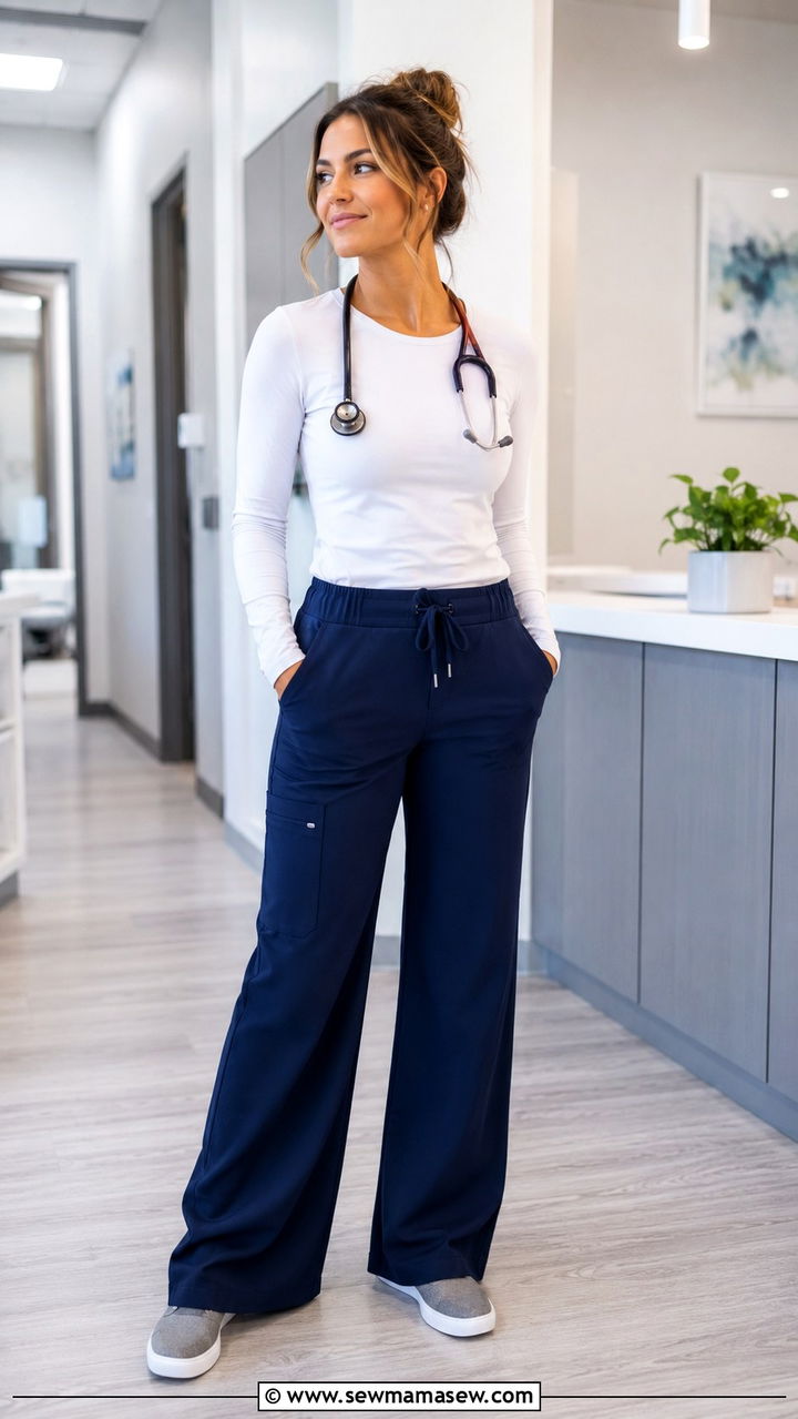 Wide Leg Scrub Pants with Underscrub Long Sleeve and Slip On Sneakers - 25 Nurse practitioner outfit ideas