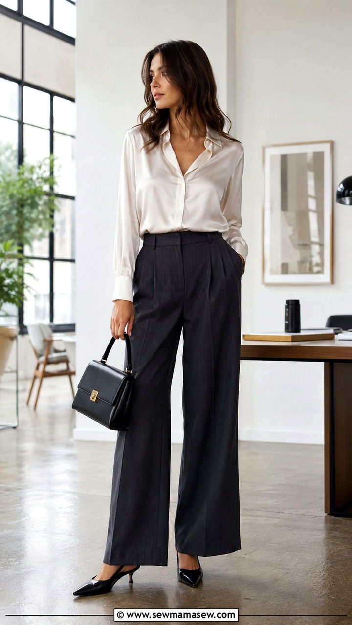 Wide Leg Suit Trousers and Silk Blouse Outfit - 20 Quiet luxury outfit ideas Succession Logan