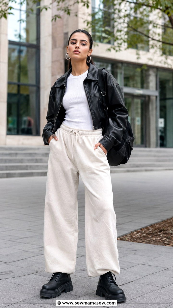 Wide Leg Sweatpants With Chunky Boots And Leather Jacket - 30 School outfit ideas with sweatpants