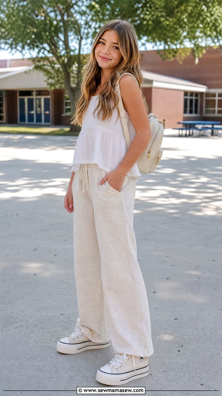 Wide Leg Sweatpants and Babydoll Top Outfit - 30 Outfit ideas for tweens