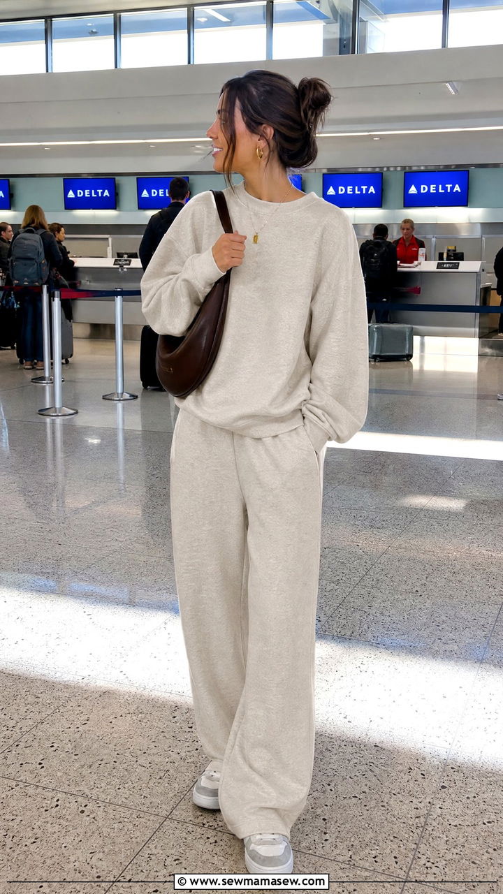 Wide Leg Sweatpants with Crewneck Sweatshirt - 25 Loungewear outfit ideas for travel