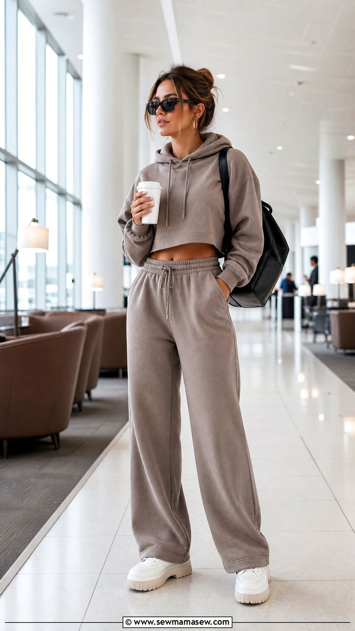 Wide Leg Sweatpants with Cropped Hoodie Set - 30 Travel outfit ideas for moms