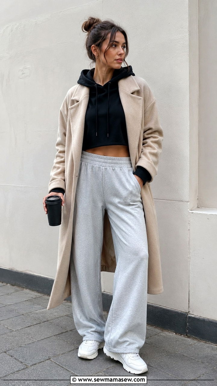 Wide Leg Sweatpants with Cropped Hoodie and Chunky Sneakers - 30 casual athleisure outfits