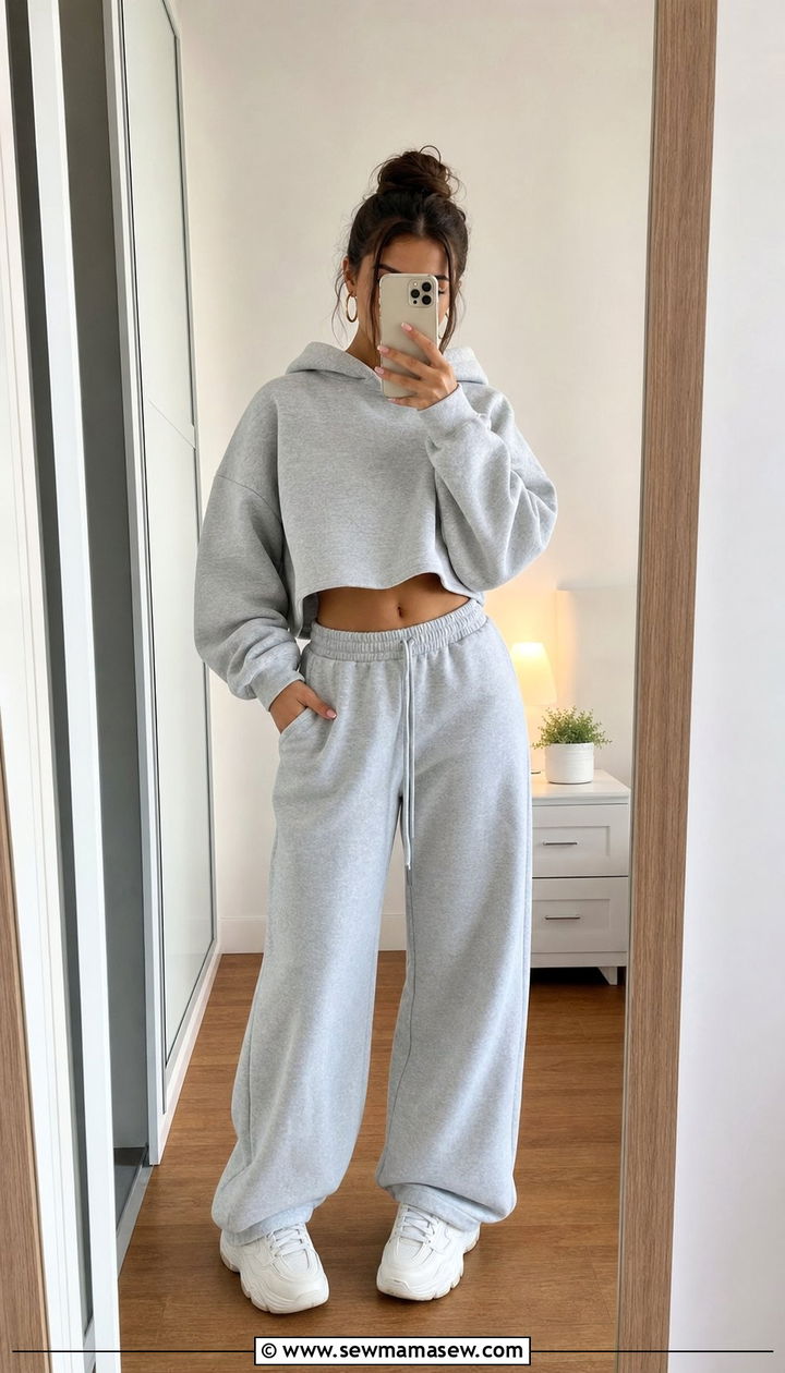 Wide Leg Sweatpants with a Cropped Hoodie and Dad Sneakers - 35 Back to school outfit ideas for teens 2026