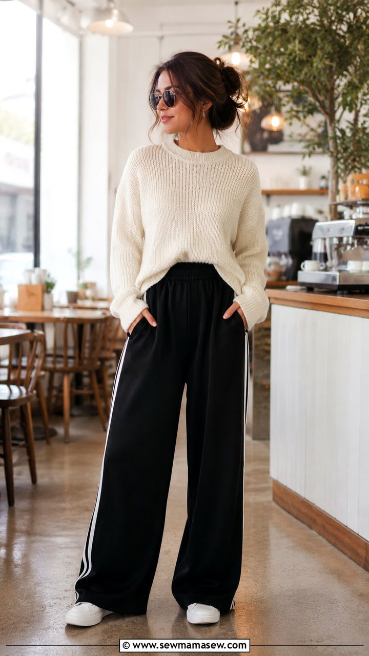 Wide Leg Track Pants and Knit Sweater - 25 Athleisure outfit ideas petite